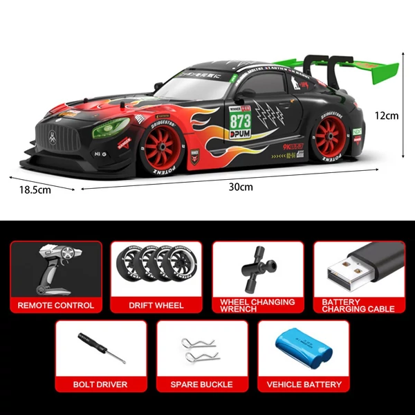 2,4 GHz-es 4WD 1/16 távirányítós versenyautó cserélhető gumikkal, LED lámpával - Fekete