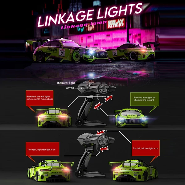 2,4 GHz-es 4WD 1/16 távirányítós versenyautó cserélhető gumikkal, LED lámpával - Zöld