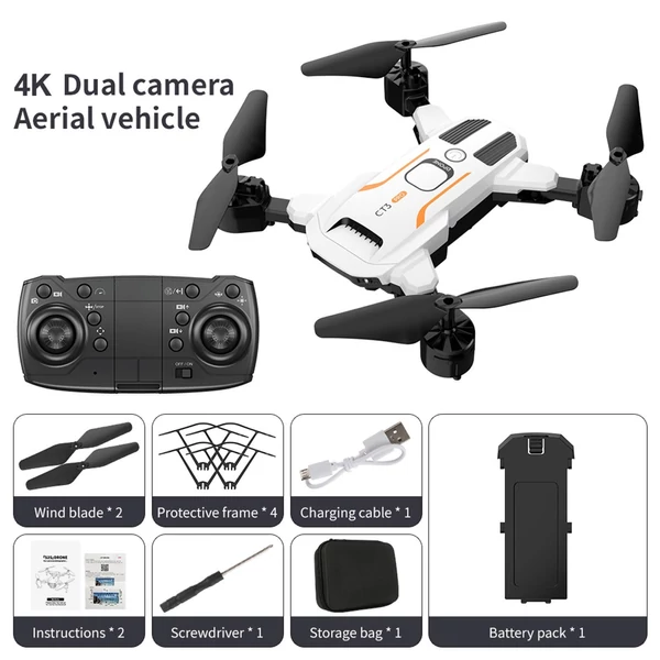 GT3-PRO 2,4 GHz-es 4K kettős kamerás drón optikai áramlási pozicionáló kézmozdulatokkal fényképező LED-lámpákkal tárolótáskával - Fehér, 3 akkumulátor
