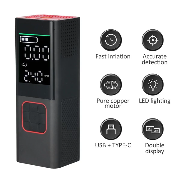 Hordozható gumiabroncs-felfújó 160 PSI akkus légszivattyú LCD-képernyővel autógumikhoz, motorkerékpárokhoz, 2600 mAh-s újratölthető akkumulátorral