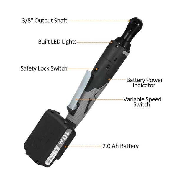 Akkus elektromos racsnis csavarkulcs készlet 3/8'' 320 RPM 21V 2000mAh lítium-ion akkumulátorral működő és gyorstöltés - 2 akkumulátor