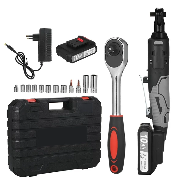 Akkus elektromos racsnis csavarkulcs készlet 3/8'' 320 RPM 21V 2000mAh lítium-ion akkumulátorral működő és gyorstöltés - 2 akkumulátor