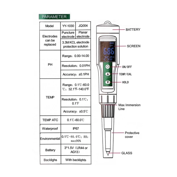 YY-1030 digitális kijelzős tészta lúgmérő bébiétel, sajt, kozmetika, talajmátrix PH mérő