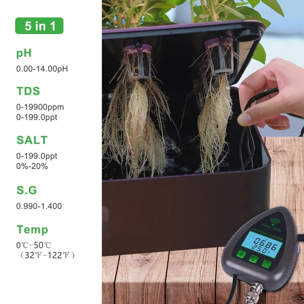 Tuya WiFi 5 az 1-ben vízminőség online monitor PH Összes oldott szilárdanyag S.G sótartalom hőmérséklet teszt mérő