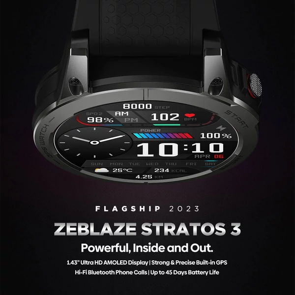 Zeblaze Stratos 3 intelligens karkötős sportóra 1,43 hüvelykes AMOLED teljes érintőképernyős fitneszkövető - Fekete