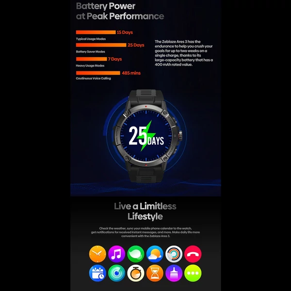 Zeblaze Ares 3 intelligens karkötő 1,52 hüvelykes IPS teljes érintőképernyős fitneszkövető sportóra - Fekete