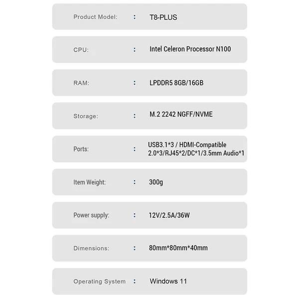 Mini PC Windows 11 asztali számítógép Intel Celeron N100 processzor 4 mag, 4 szál támogatás 4K 60Hz WIFI5 BT4.2 Gigabit Ethernet BIOS támogatás - 8GB+256GB