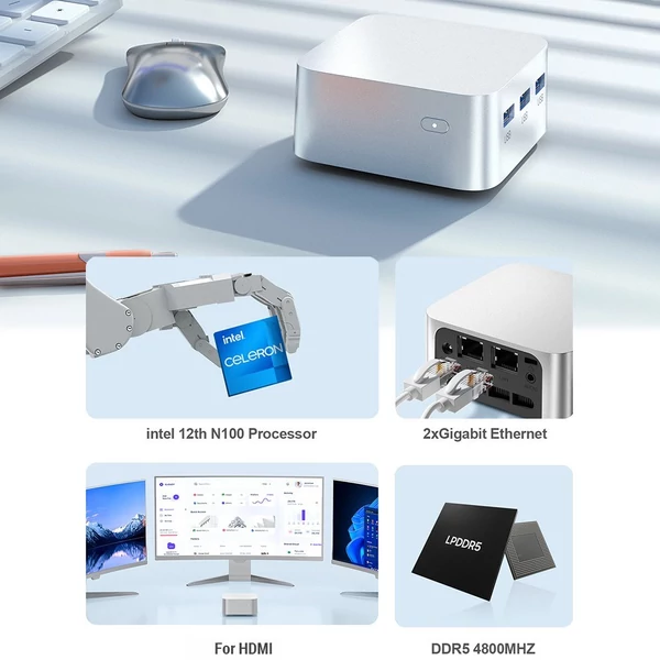 Mini PC Windows 11 asztali számítógép Intel Celeron N100 processzor 4 mag, 4 szál támogatás 4K 60Hz WIFI5 BT4.2 Gigabit Ethernet BIOS támogatás - 8GB+256GB