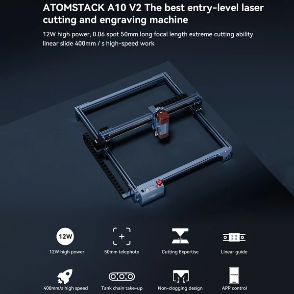 Atomstack Maker A10 V2 10-12W lézergravírozó 24000 mm/perc sebesség 400x400mm gravírozási terület