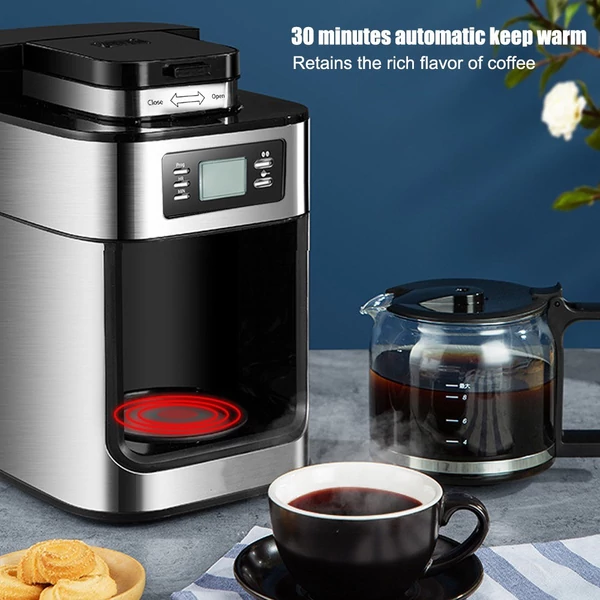 Programozható automata kávéfőző időzítővel, 1050 watt, 1,2 literes kapacitás, 2-8 csésze csepegtető, melegen tartás, őrlés és főzés