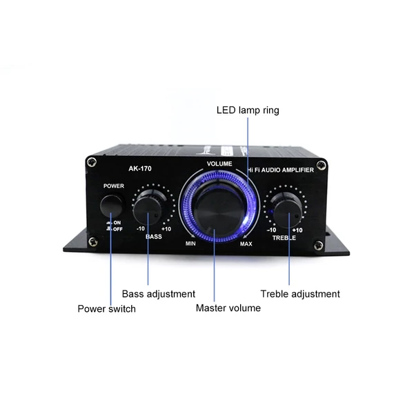 AK170 12V-os mini audio teljesítményerősítő digitális hangvevő AMP kétcsatornás 20W+20W basszus magas hangerőszabályzó autós otthoni használatra