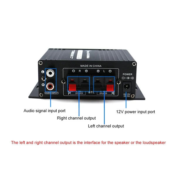 AK170 12V-os mini audio teljesítményerősítő digitális hangvevő AMP kétcsatornás 20W+20W basszus magas hangerőszabályzó autós otthoni használatra