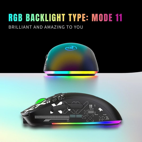 hxsj T90 2.4G vezeték nélküli mechanikus egér, ergonómikus kialakítás, 10 millió billentyűleütés élettartam 3600 DPI 11 RGB világítási mód - Fekete