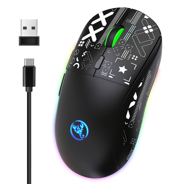 hxsj T90 2.4G vezeték nélküli mechanikus egér, ergonómikus kialakítás, 10 millió billentyűleütés élettartam 3600 DPI 11 RGB világítási mód - Fekete