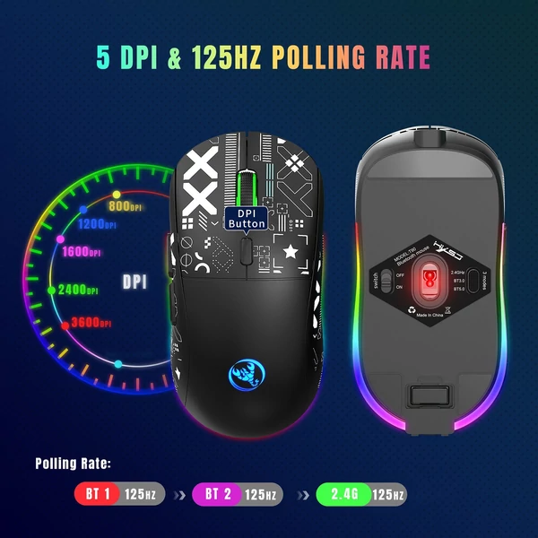 hxsj T90 2.4G vezeték nélküli mechanikus egér, ergonómikus kialakítás, 10 millió billentyűleütés élettartam 3600 DPI 11 RGB világítási mód - Fekete