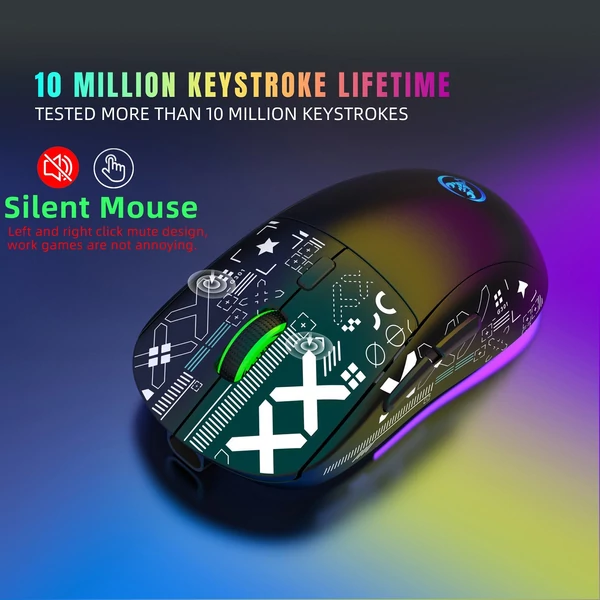 hxsj T90 2.4G vezeték nélküli mechanikus egér, ergonómikus kialakítás, 10 millió billentyűleütés élettartam 3600 DPI 11 RGB világítási mód - Fekete