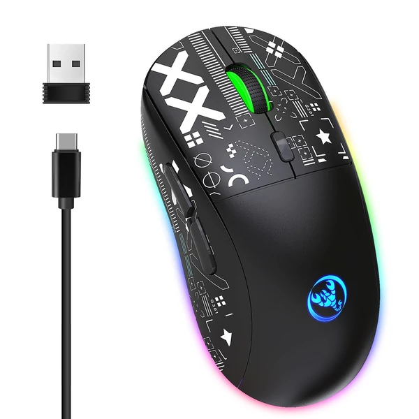 hxsj T90 2.4G vezeték nélküli mechanikus egér, ergonómikus kialakítás, 10 millió billentyűleütés élettartam 3600 DPI 11 RGB világítási mód - Fekete