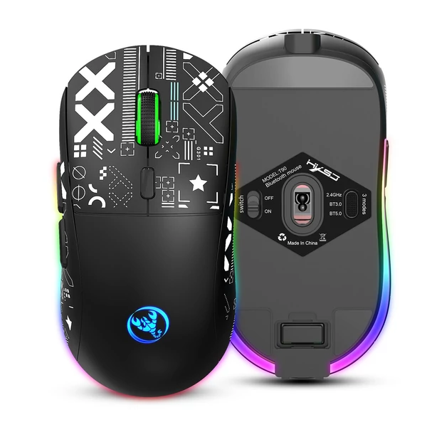 hxsj T90 2.4G vezeték nélküli mechanikus egér, ergonómikus kialakítás, 10 millió billentyűleütés élettartam 3600 DPI 11 RGB világítási mód - Fekete