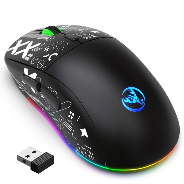 hxsj T90 2.4G vezeték nélküli mechanikus egér, ergonómikus kialakítás, 10 millió billentyűleütés élettartam 3600 DPI 11 RGB világítási mód - Fekete