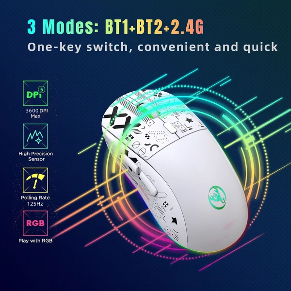 hxsj T90 2.4G vezeték nélküli mechanikus egér, ergonómikus kialakítás, 10 millió billentyűleütés élettartam 3600 DPI 11 RGB világítási mód - Fehér