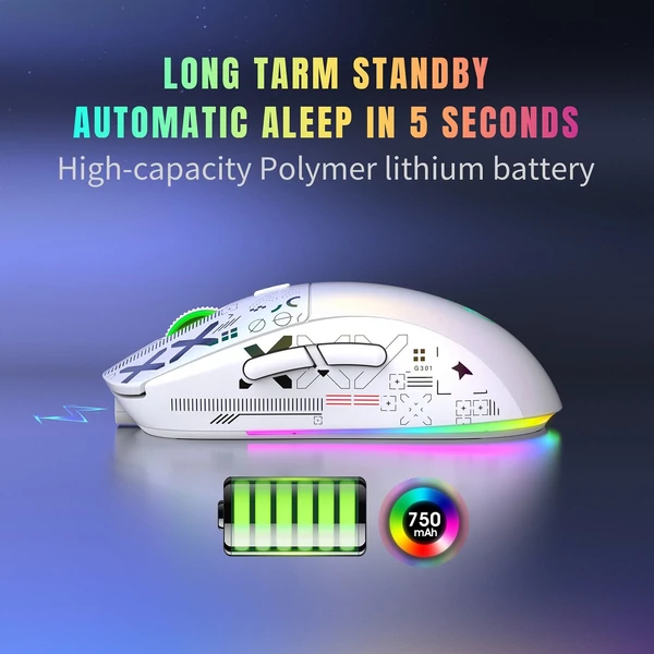 hxsj T90 2.4G vezeték nélküli mechanikus egér, ergonómikus kialakítás, 10 millió billentyűleütés élettartam 3600 DPI 11 RGB világítási mód - Fehér