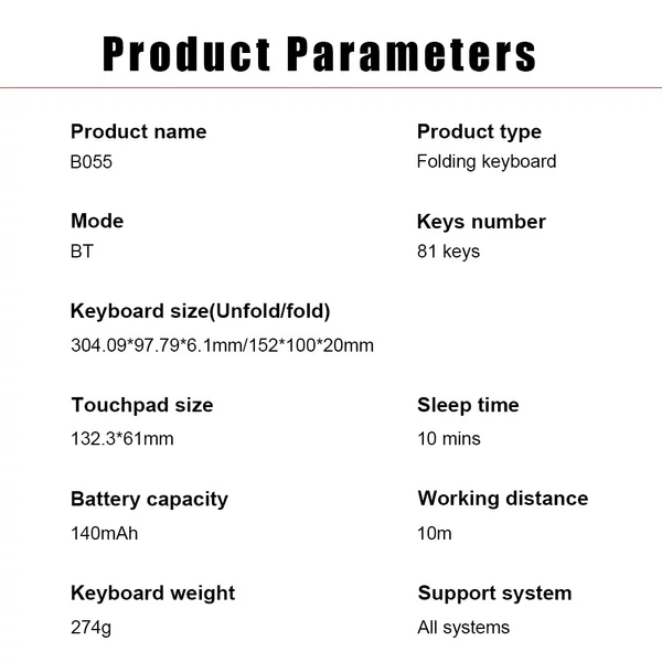 B055 Ultra vékony vezeték nélküli mini billentyűzet Négy összecsukható nagy érintőpaddal BT csendes