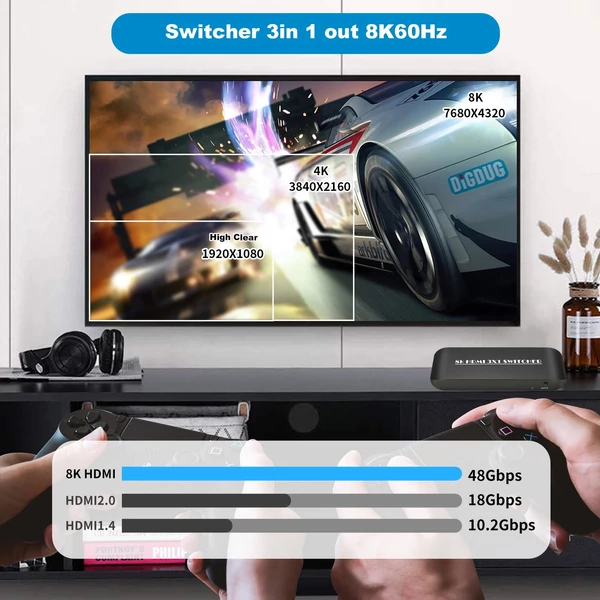 HDMI 2.1 kapcsoló 3 az 1-ben 3 port infravörös távirányító támogatással 8K 60Hz 4K 120Hz HDCP 2.3 Xbox PS4 PS5 UHD TV monitor projektor vezetékes asztali vezérlővel