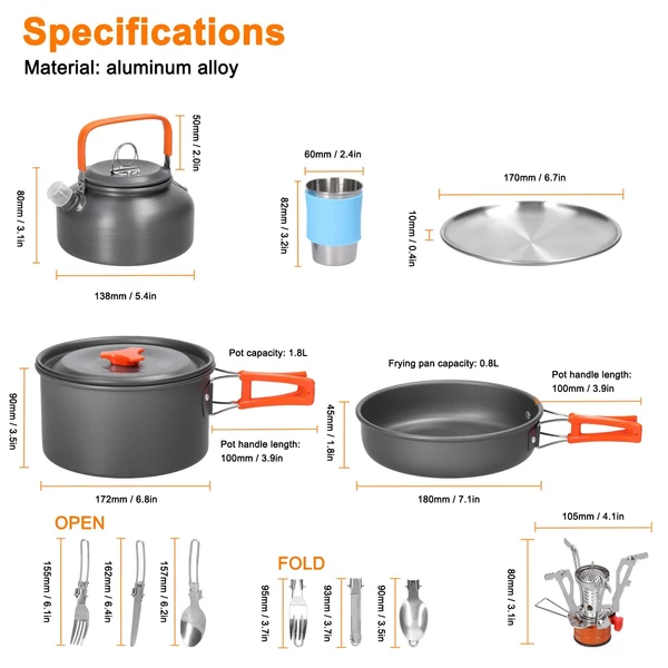 Hordozható kültéri piknik edénykészlet alumínium ötvözet edény serpenyő vízforraló csésze kemencekészlet kempingezéshez, hátizsákos túrázáshoz horgászathoz