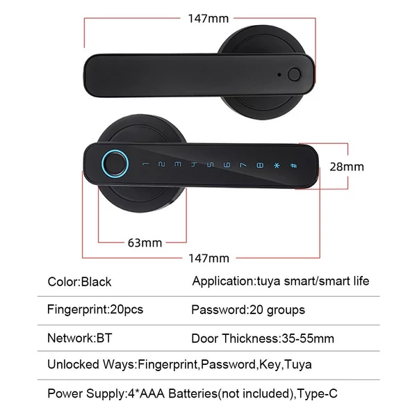 Fejlett intelligens 4 az 1-ben kulcs nélküli biometrikus ajtózár fogantyúkészlettel