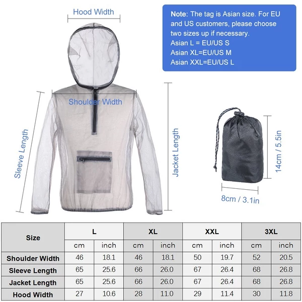 Kültéri ultrakönnyű, hálós kapucnis kabát kempingezéshez, túrázáshoz, horgászathoz, kertészkedéshez - 3XL méret