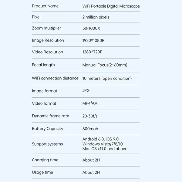 Vezeték nélküli digitális mikroszkóp, nagy tisztaságú 1080p WIFI 50x-1000x nagyítás - Fekete, változat 2