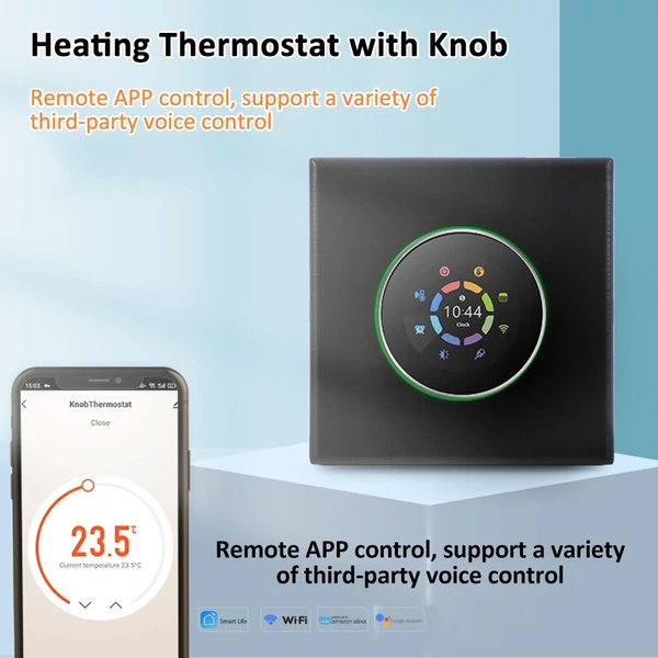 WiFi intelligens termosztát színes képernyő, forgó fűtési termosztát háttérvilágítással/hőmérséklet/érzékelő/idő hőmérséklet-kalibrációs beállítással (kazánfűtés) - Fekete