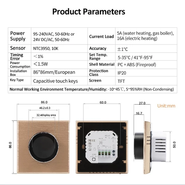 WiFi intelligens termosztát színes képernyő, forgó fűtési termosztát háttérvilágítással/hőmérséklet/érzékelő/idő hőmérséklet kalibrációs beállítással (vízmelegítés) - Fekete