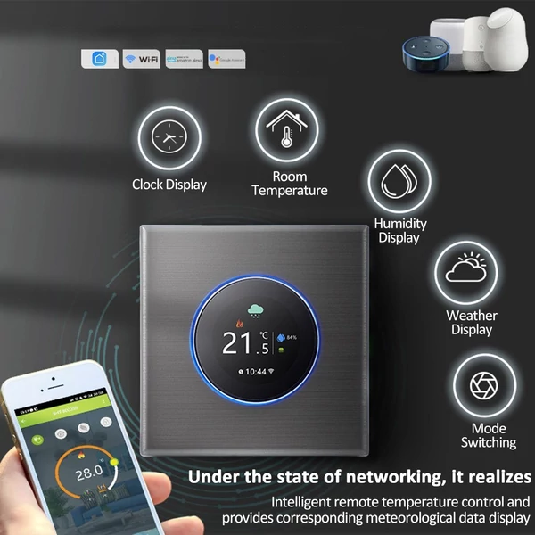 WiFi intelligens termosztát színes képernyő, forgó fűtési termosztát háttérvilágítással/hőmérséklet/érzékelő/idő hőmérséklet-kalibrációs beállítással (kazánfűtés) - Szürke