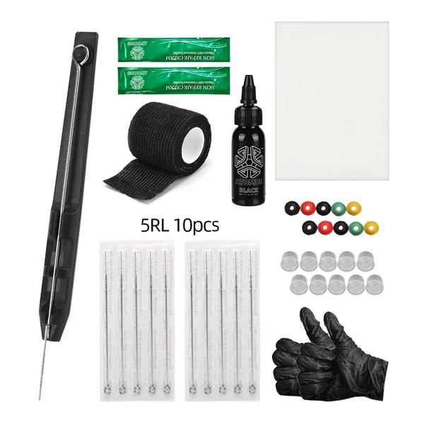 ATOMUS Hand Stick tetováló készlet (tinta, kesztyű, tintadoboz, tetováló tűkészlet, gyakorló bőrtetováló-javító krém, 10 db tű)