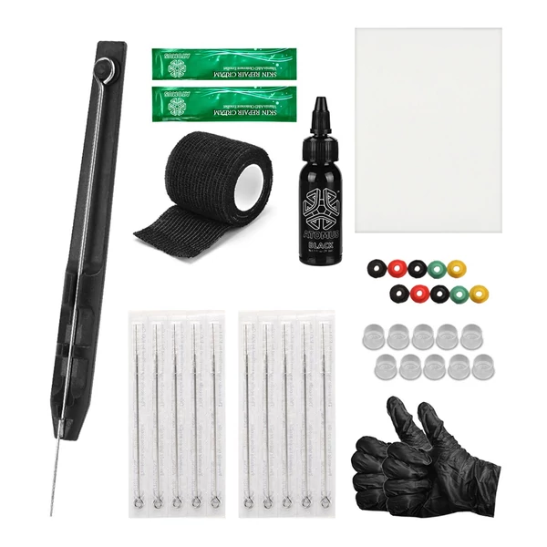 ATOMUS Hand Stick tetováló készlet (tinta, kesztyű, tintadoboz, tetováló tűkészlet, gyakorló bőrtetováló-javító krém, 10 db tű)
