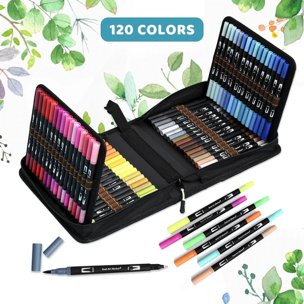 Art Markers Set Kétvégű ecsettoll Ecset és finom hegyek 120 színes toll