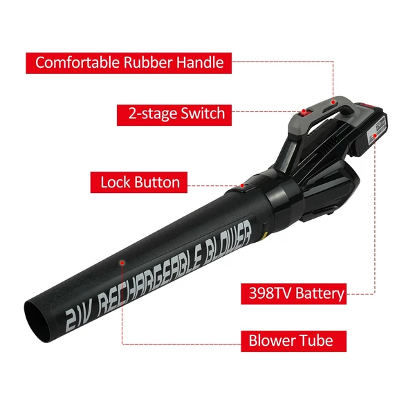 Lítium akkumulátoros erős viharfúvó lombhullató porfúvó levélfúvó teraszra, udvarra, járdára sebességszabályozó kapcsolóval - 1 akkumulátor