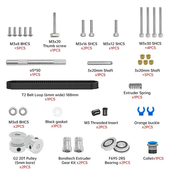 Voron M4 extruderkészlet, amely kompatibilis a Voron M4 3D nyomtatóval, GT2 20T szíjtárcsát, M3 BHCS csavart, 188 mm-es GT2 szíjhurkot és tárolódobozt tartalmaz