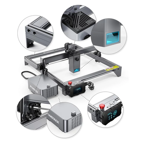 ATOMSTACK X20 Pro 20W lézergravírozó két fával - 740x700x400mm védődobozzal és 400x400mm méhsejt munkaasztallal