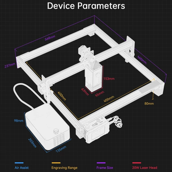 ATOMSTACK S20 Pro 20 W lézergravírozó vágógép AC1 kamerával és levegősegéd kiegészítővel