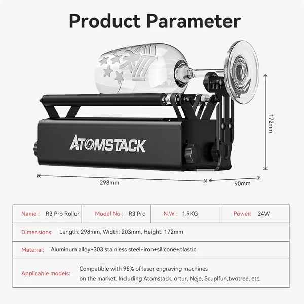 ATOMSTACK S20 Pro 20W lézergravírozó vágógép 1db F3 lézergravírozó védőpanellel és R3 Pro hengerrel