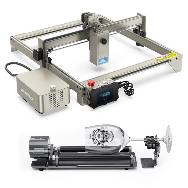 ATOMSTACK S20 Pro 20 W lézergravírozó vágógép R1 Pro többfunkciós tokmány és forgóhengerrel és légsegéd tartozékokkal