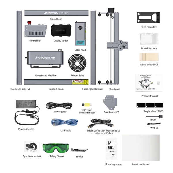 ATOMSTACK X20 Pro 20W lézergravírozó vágógép Y-tengely hosszabbító készlettel és levegősegéd kiegészítővel