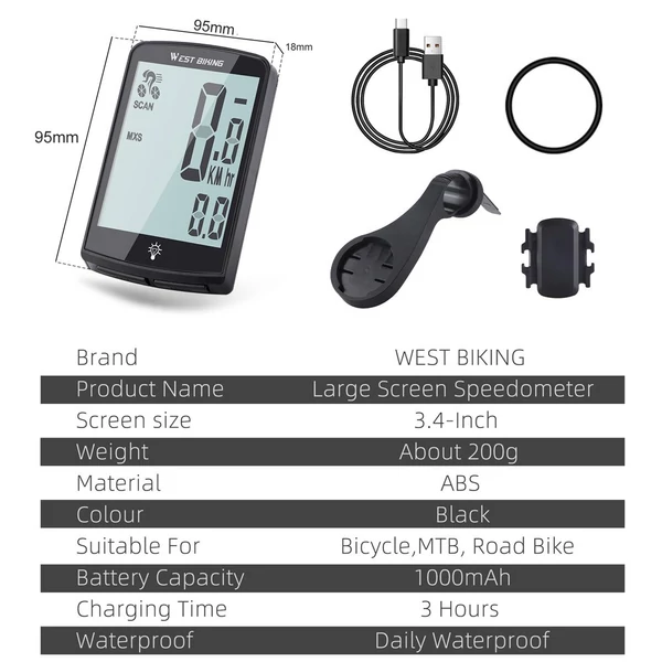 WEST BIKING Digitális kerékpáros sebességmérő, vízálló, teljes képernyős mobiltelefon-alkalmazásvezérlő