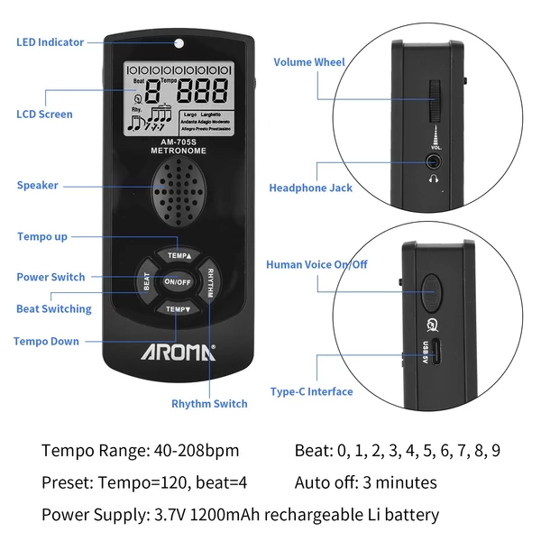 AROMA 2,2 hüvelykes LCD univerzális elektronikus digitális metronóm