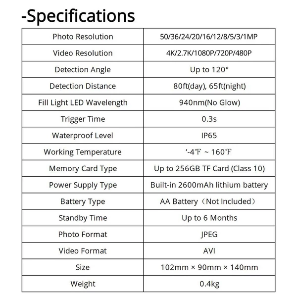 Napenergiával működő éjszakai nyomkövető vadászkamera 50 MP 4K 2600 mAh beépített lítium akkumulátor 0,3 s kioldási idő 120° észlelési szög 32 G memóriakártyával