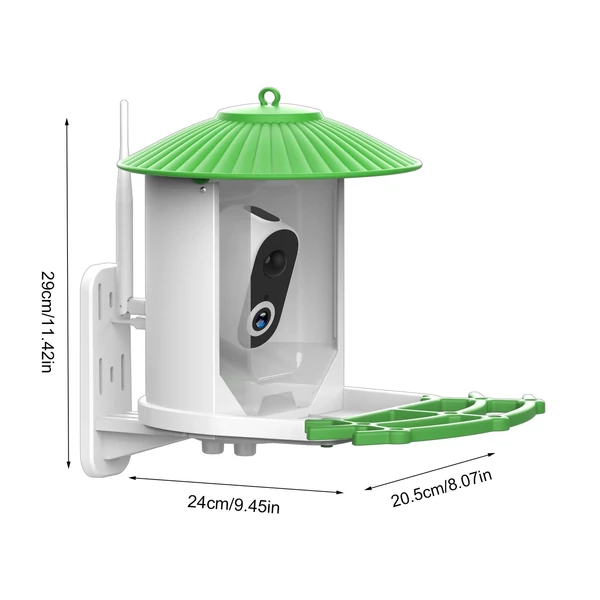 Napenergiával működő intelligens madáretető 1080p HD éjjellátó kamerával, mesterséges intelligencia madárfajetetővel, IP65 vízálló (TF kártyával) - Zöld