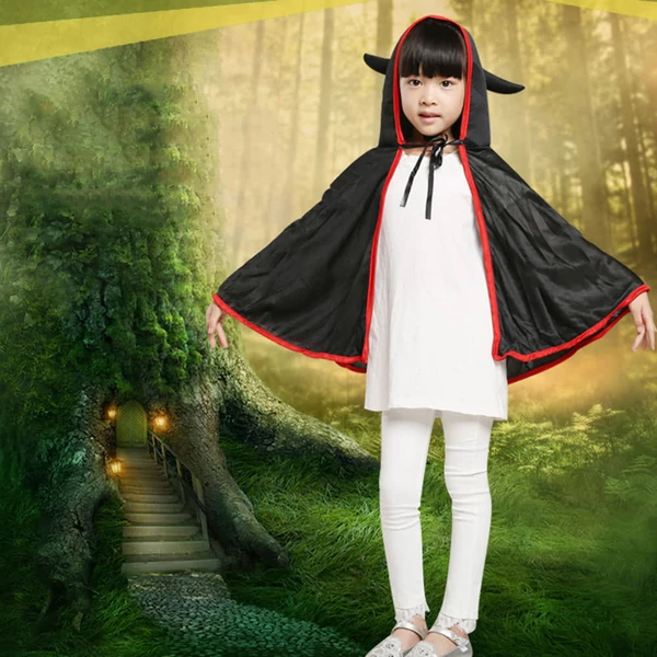Uniszex gyerek Halloween köpeny ökörszarv kapucnival Cosplay szerepjáték Party Cape jelmez - Fekete