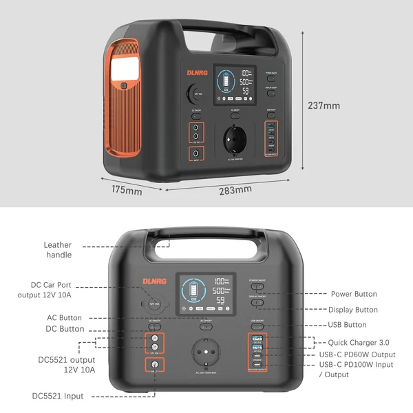 D500 hordozható erőmű külső akkumulátora 480 Wh/19,2 V LiFePO4 napelem generátor, 500 W tiszta szinuszos maximális kimenet 8 portos tápellátással